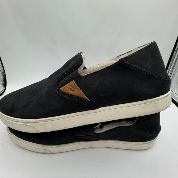 Olukai Pehuea Hulu Grey Leather Shearling Slip On Sneakers Womens 9 Warm Cozy - Picture 5 of 7